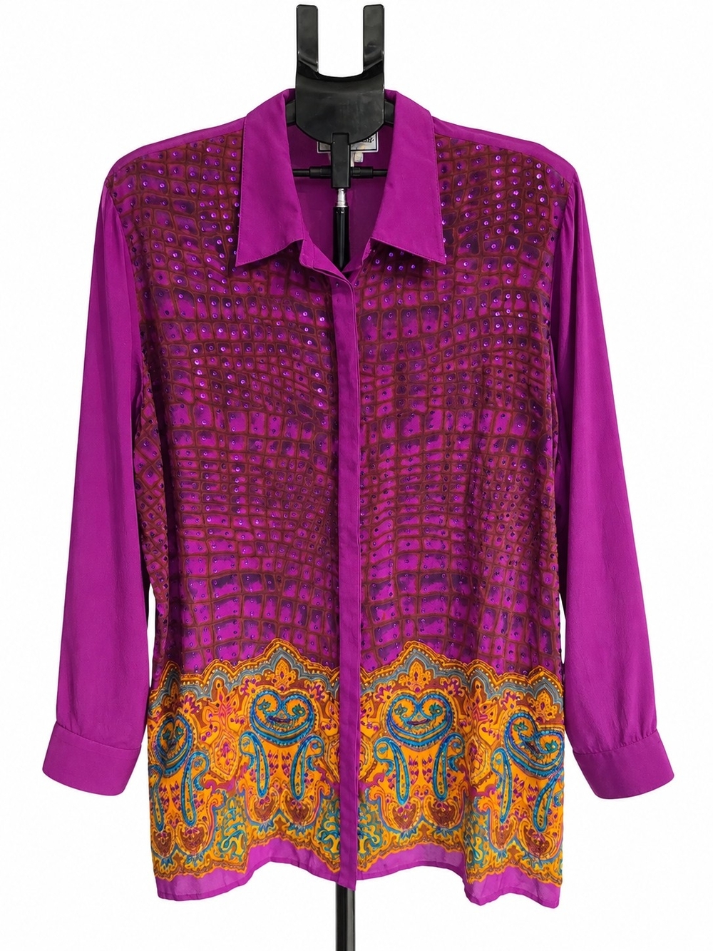 Diane Gilman Purple Button-Down Shirt with Paisley Border
